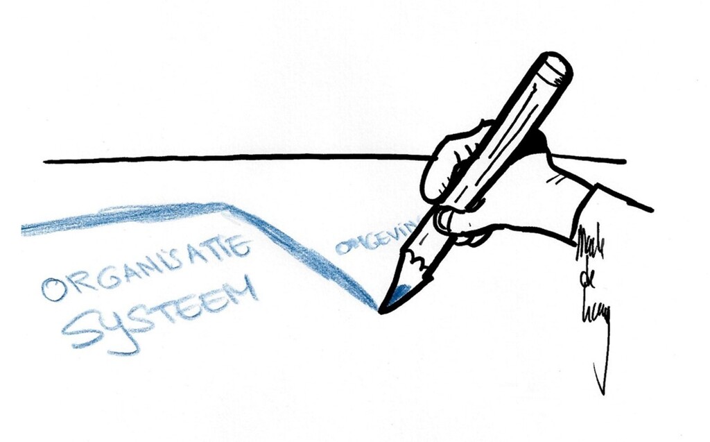 Cartoontekening van een hand die een potlood vasthouden Organisatie systeem schrijft met een rand eromheen