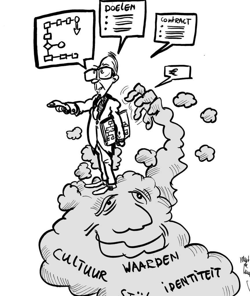 Cartoontekening van een kalende man met bril die op een de Wolk van Cultuur, Waarden en Identiteit staat en bezig is met workflows, doelen en contracten